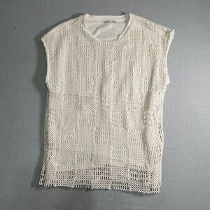 ZARA Womens Crockett Top Size Med Cream Crew Neck Sleeveless Boho Casual